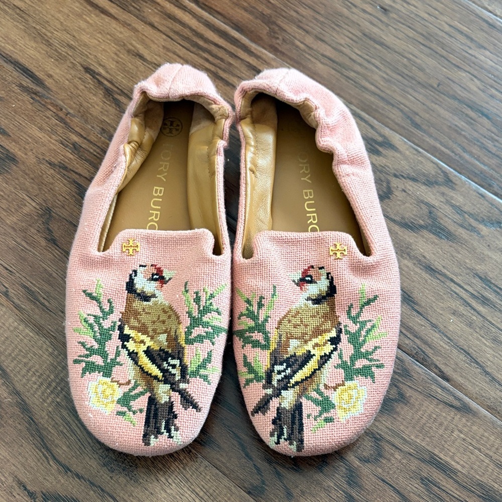 Tory Burch Pink Embroidered Bird Loafers